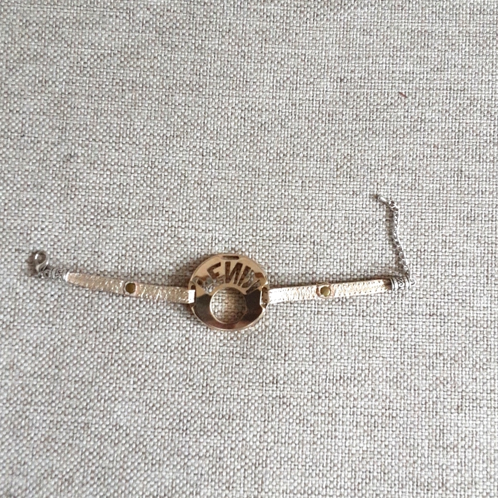 Fendi Metallic Gold Logo Disc Bracelet with Light Pink Band - Picture 4 of 11
